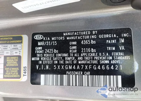 2015 Kia Optima Lx from USA, damaged, VIN 5XXGM4A7XFG466421